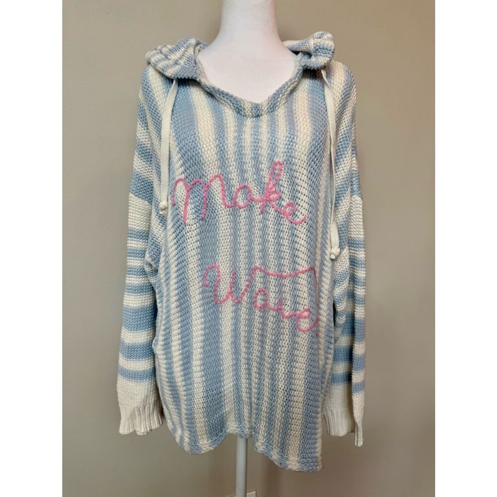 Vintage Havana Blue & White Striped Hooded Knit Sweater with Pink Script